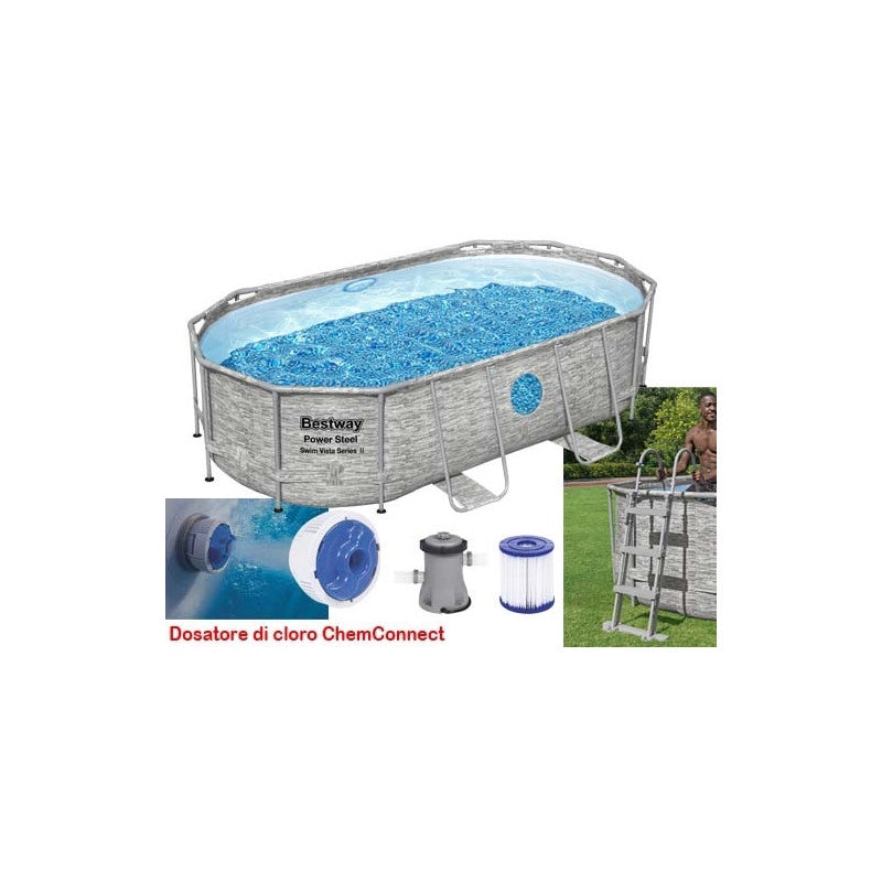 Piscina fuori terra ovale effetto rattan con oblò laterali, 427x250x100 cm con pompa filtro scaletta e copertura - Bestway