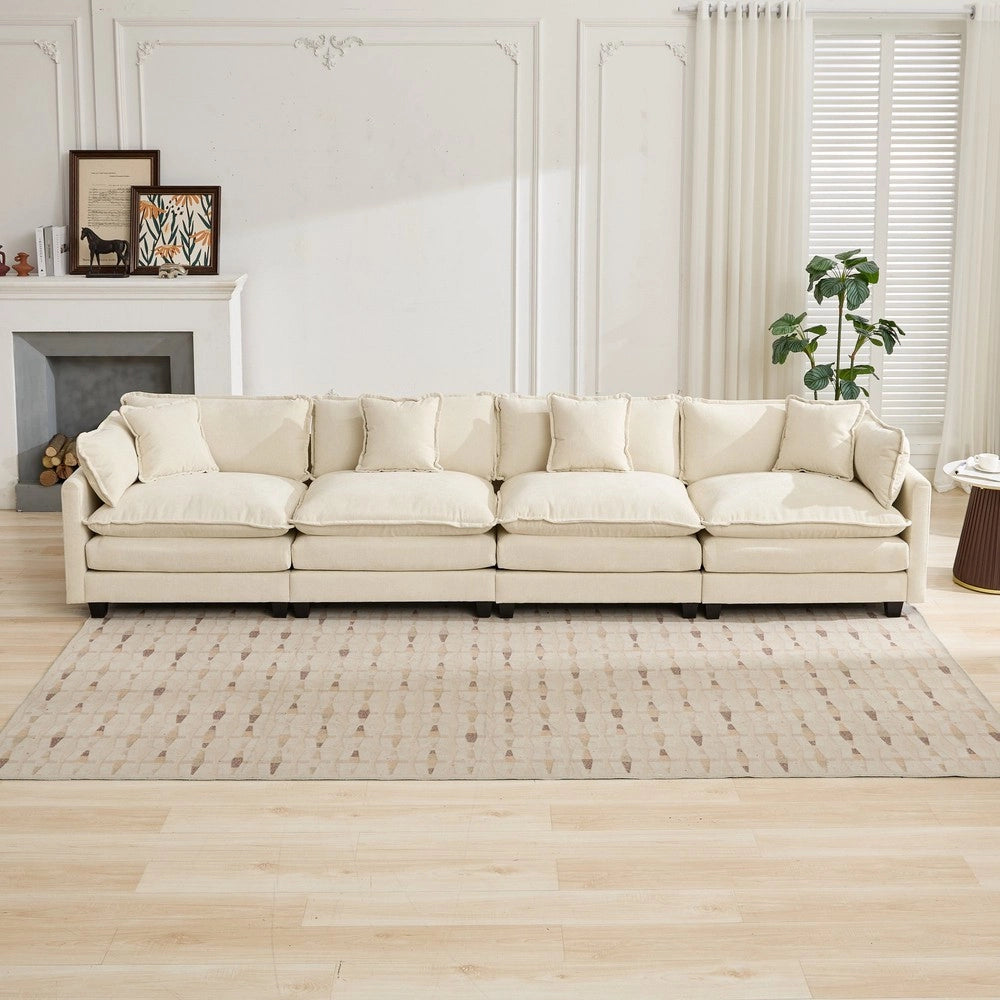 Divano 4 Posti con Penisola ¨C Xylo ¨C Tessuto Chenille Beige, Cuscini Imbottiti