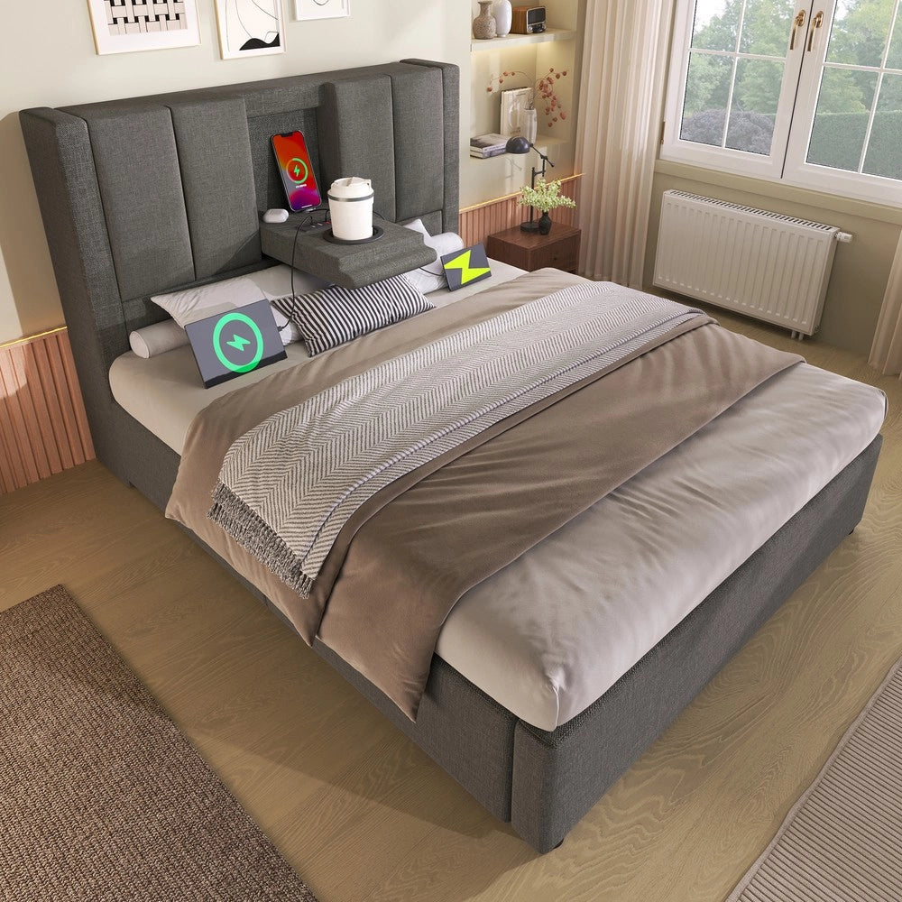Letto Contenitore Imbottito Singolo 90x200 ¨C MINIMAL ¨C Tessuto Grigio, Idraulico, Rete a Doghe