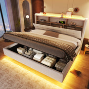 LETTO Imbottito 180x200 cm in lino beige con LED, USB e vano idraulico