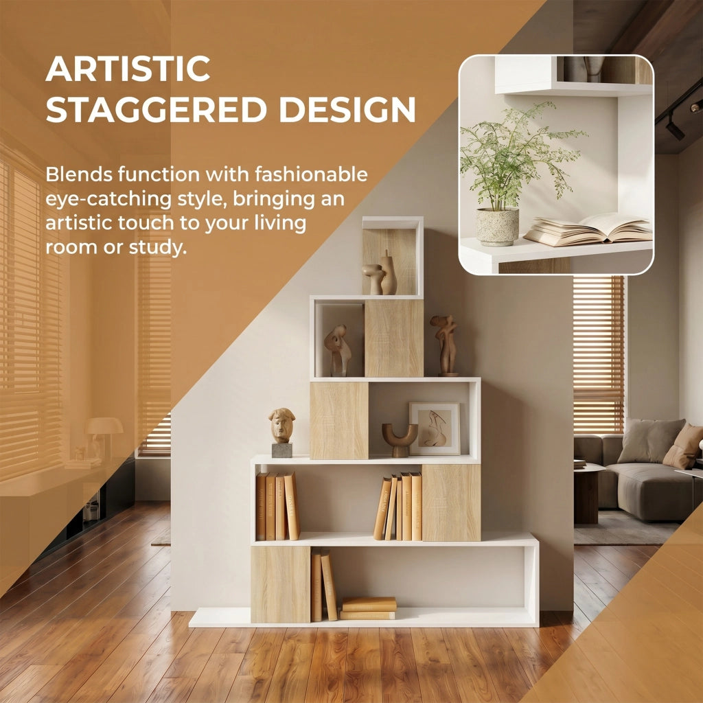 Libreria a 5 Ripiani con Design a Gradini Bianco e Naturale