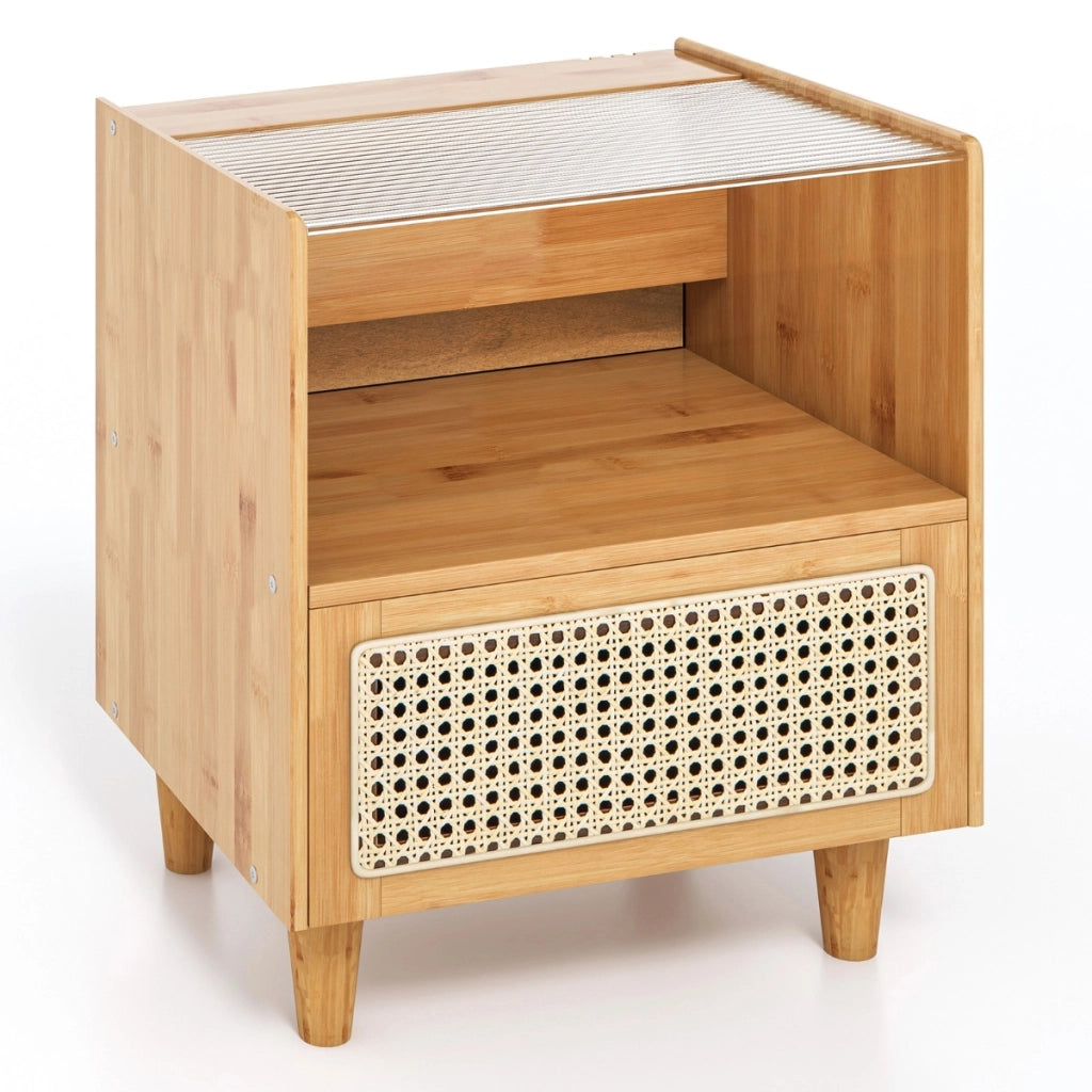 Comodino in bamb¨´ e rattan con cassetto e gambe in legno massello, Tavolino da salotto boho 43x35x50cm Naturale 1 Pezzo