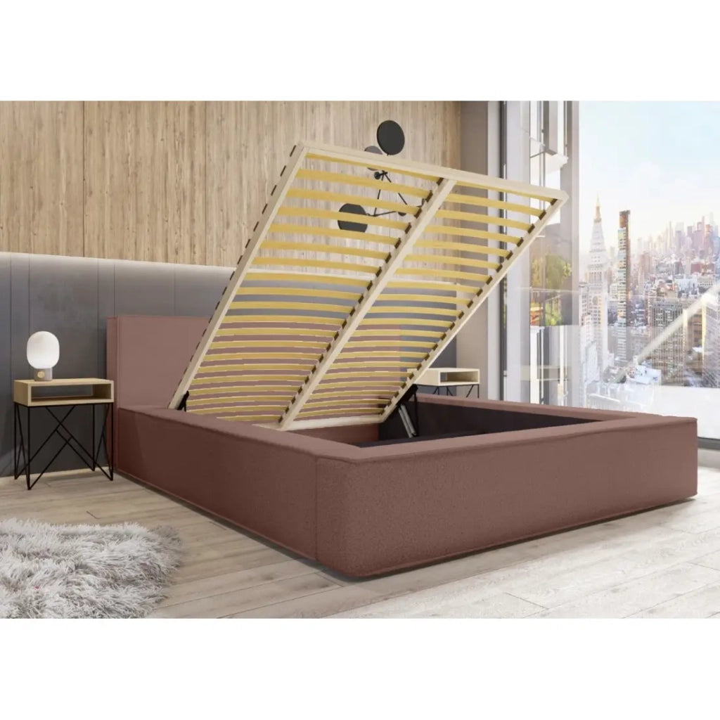 Letto contenitore VELORA – Terracotta bouclé – 160x200 cm – Tessuto velluto morbido – Rete sollevabile – Spazio di immagazzinamento integrato