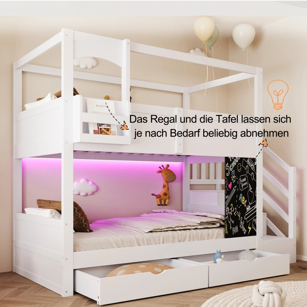 LETTO A CASTELLO 90x200 cm in legno bianco con scala contenitore e lavagna