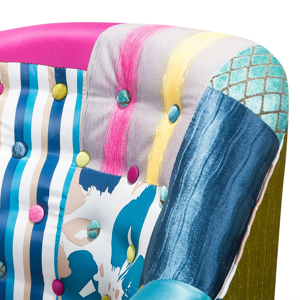 Poltrona Multicolore Tessuto Blu Patchwork Sedia Club Bottone Gambe In Legno capitonné