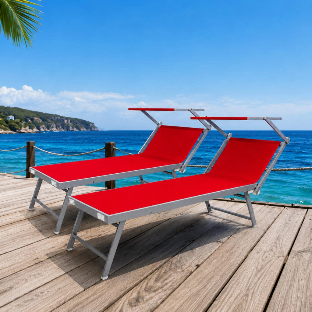Coppia Di Lettini Prendisole Pieghevole Professionale In Alluminio Tettuccio Orientabile Tettino Parasole Sdraio Lettino Prendi Sole Mare Spiaggia Piscina Giardino 182 x 60 x 38 cm Rosso