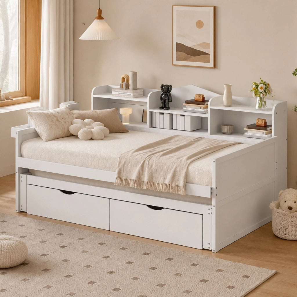 LETTO estraibile singolo 90x200 cm bianco con 2 cassetti