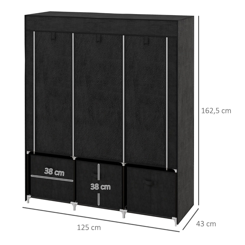 ARMADIO TESSILE con 2 aste, 5 ripiani e 3 cassetti 125x43x162,5 cm Nero