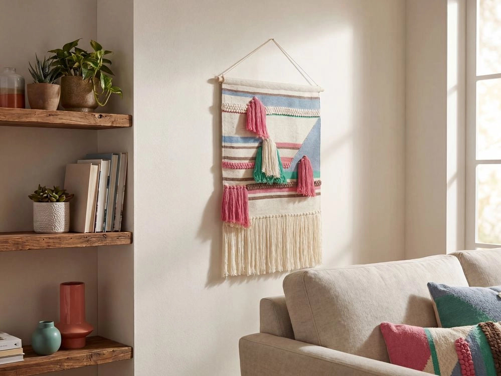 Decorazione murale in cotone beige fatto a mano con nappe arte da parete boho per soggiorno camera da letto camera dei bambini