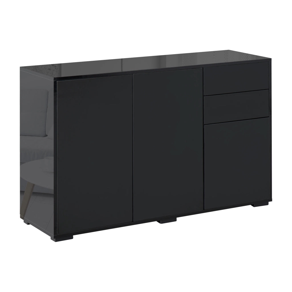 Mobiletto Multiuso Nero con 2 Cassetti e 2 Armadietti ad Apertura a Pressione, 117x36x74cm