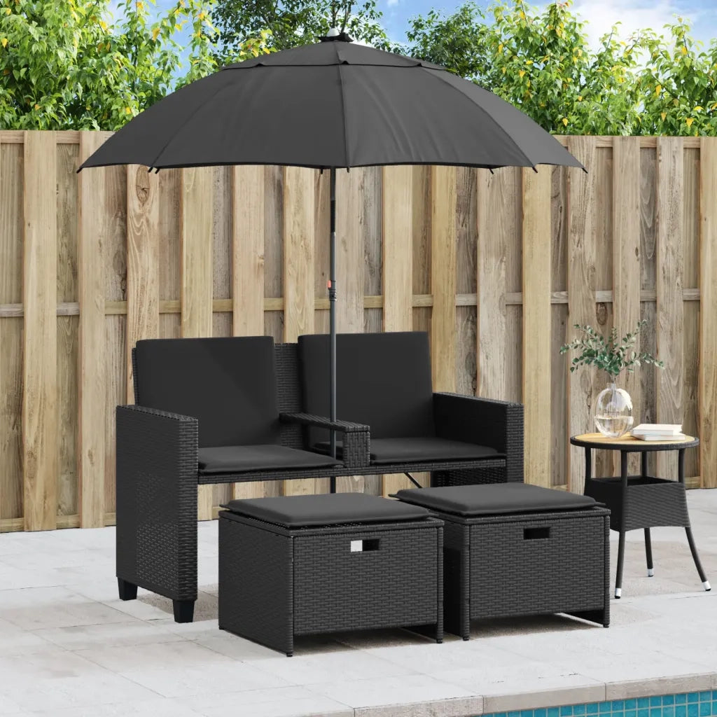 Divano Giardino 2 Posti Ombrellone e Sgabelli Nero Polyrattan 365883