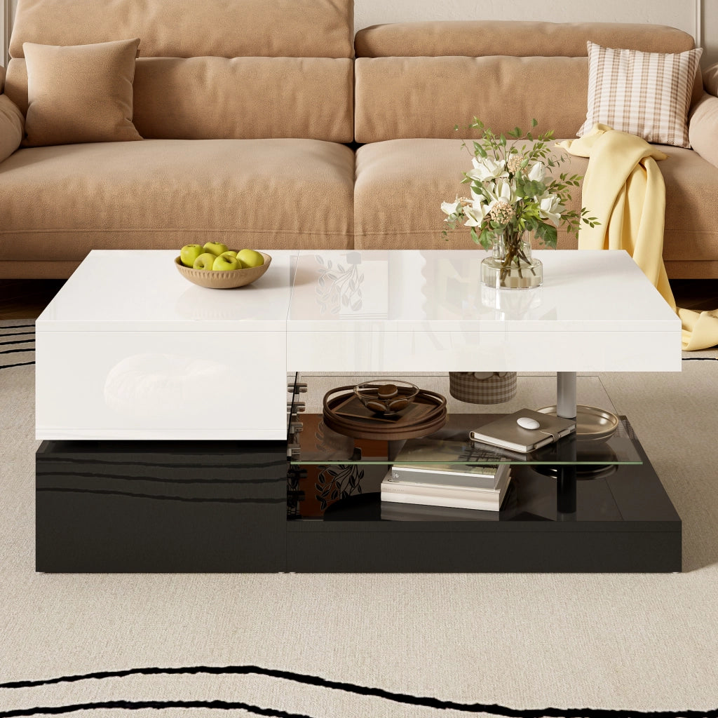 OKWISH Tavolino da Salotto con Ripiano in Vetro e LED, Controllo Bluetooth, per Soggiorno, Nero e Bianco, 90 x 45 x 35.5 cm