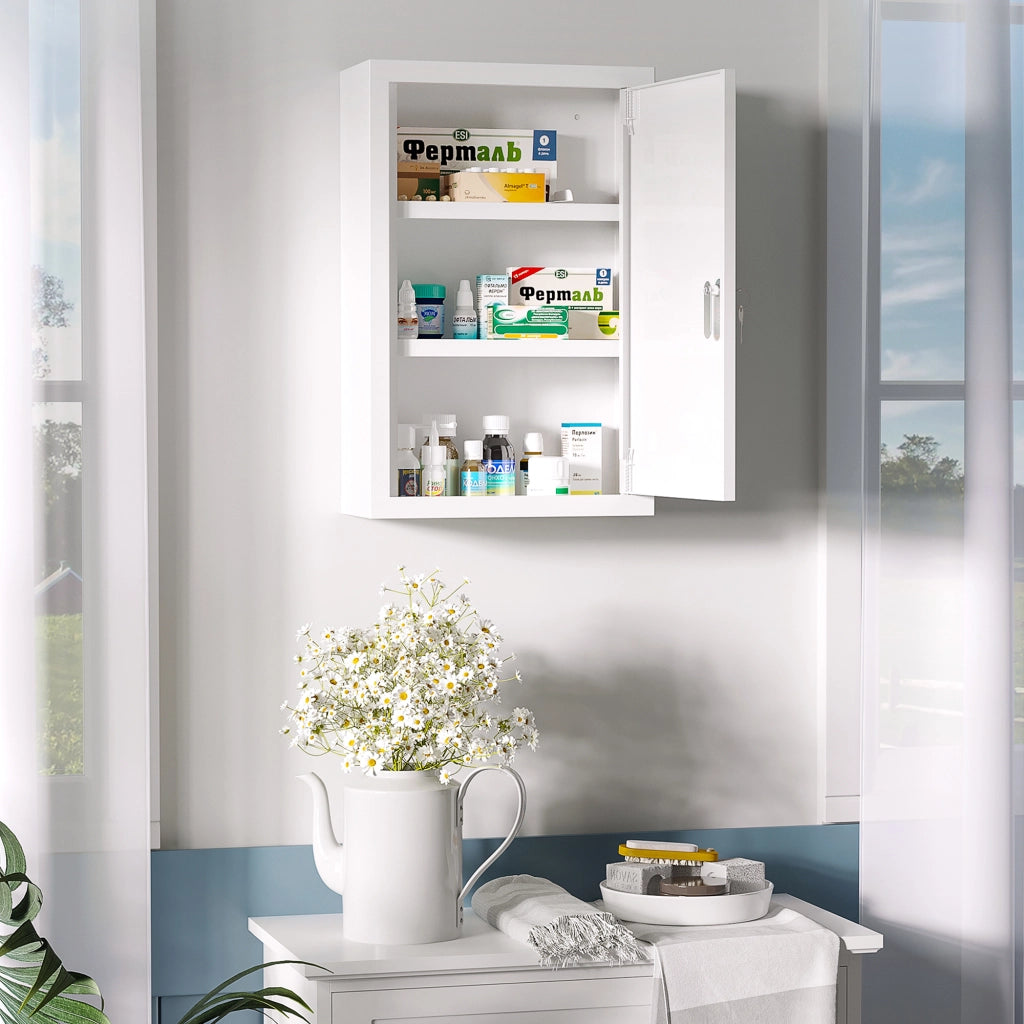 EasyComfort Armadietto Medicinali a 3 Ripiani in Acciaio Inox con 2 Chiavi e Montaggio a Parete, 30x14x46 cm, Bianco