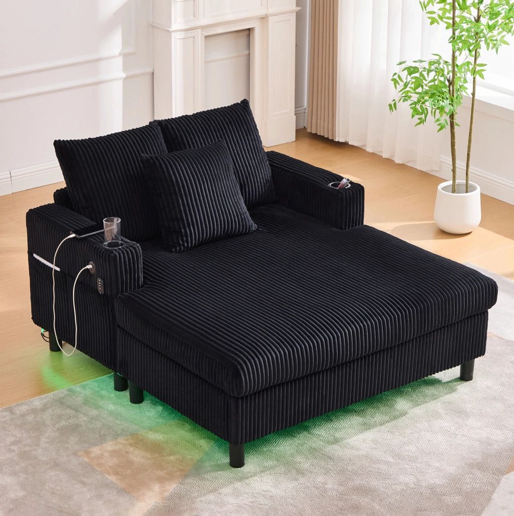 Poltrona relax oversize in velluto a coste nero con LED; USB; portabicchieri; 142 cm