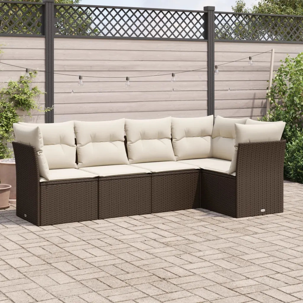 Set Divano da Giardino 5 pz | Set Salotto da Giardino con Cuscini Marrone in Polyrattan