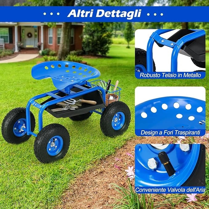 Sgabello da Giardino, Sgabello per Giardinaggio con Ruote, Sedile Regolabile in Altezza e Girevole a 360°, Cestello e Vassoio, Carrello per Prato e Giardino, Portata 150 kg (Blu)