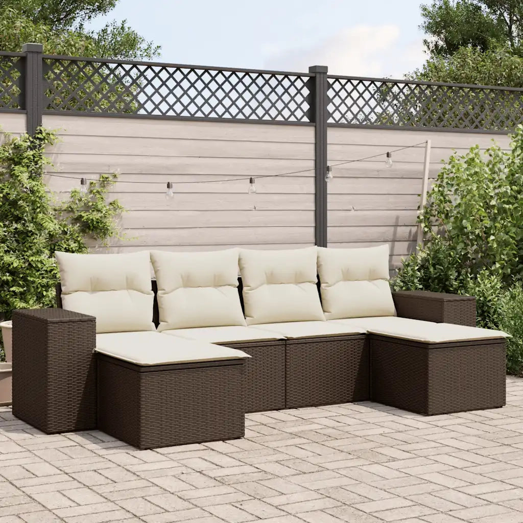 Set Divano da Giardino 6 pz | Set Salotto da Giardino con Cuscini Marrone in Polyrattan