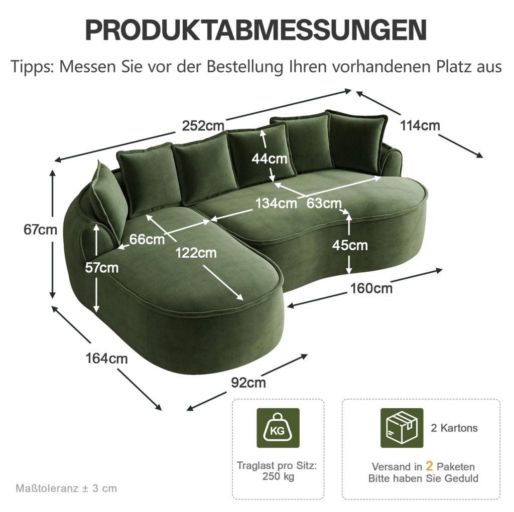 Divano modulare senza struttura in ciniglia verde con chaise longue; 2 moduli e cuscini