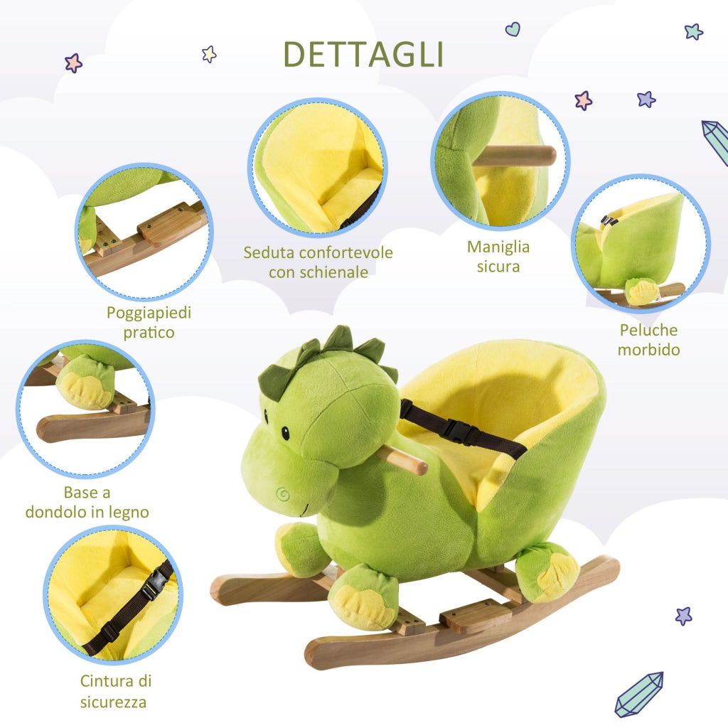 EasyComfort Cavallo a Dondolo per Bambini in Legno Dinosauro, Cavalluccio per Bambini, 60x33x45cm, Verde