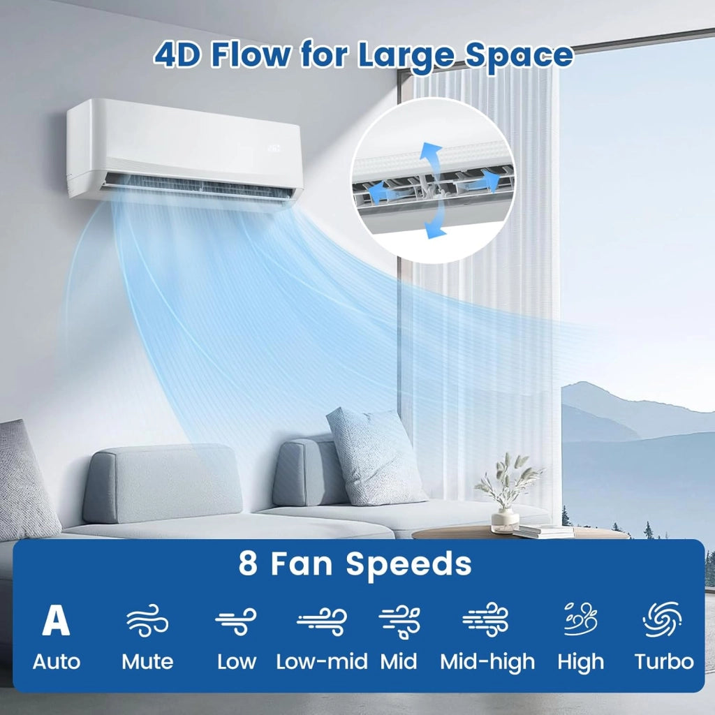 Split Condizionatore 12000 BTU Inverter R32 A++, Climatizzatore Eco, Riscaldamento/Raffreddamento/Deumidificazione, 7 Modalità, 8 Velocità del Ventilatore, Timer 24 Ore, Accessori Inclusi