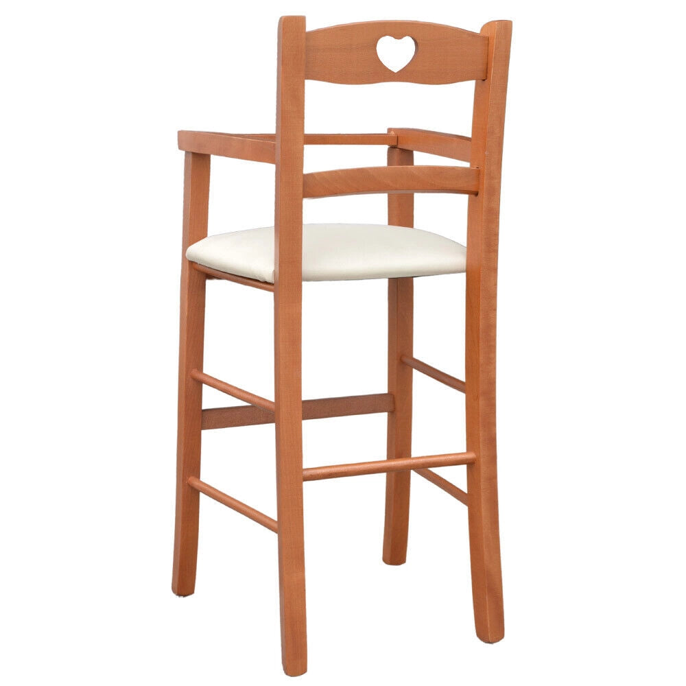 Seggiolone in legno color ciliegio con seduta imbottita in similpelle beige