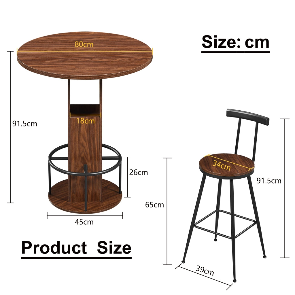 Set Tavolo Rotondo e 2 Sgabelli ¨C MINIMAL ¨C Noce, Legno e Metallo, 80 cm