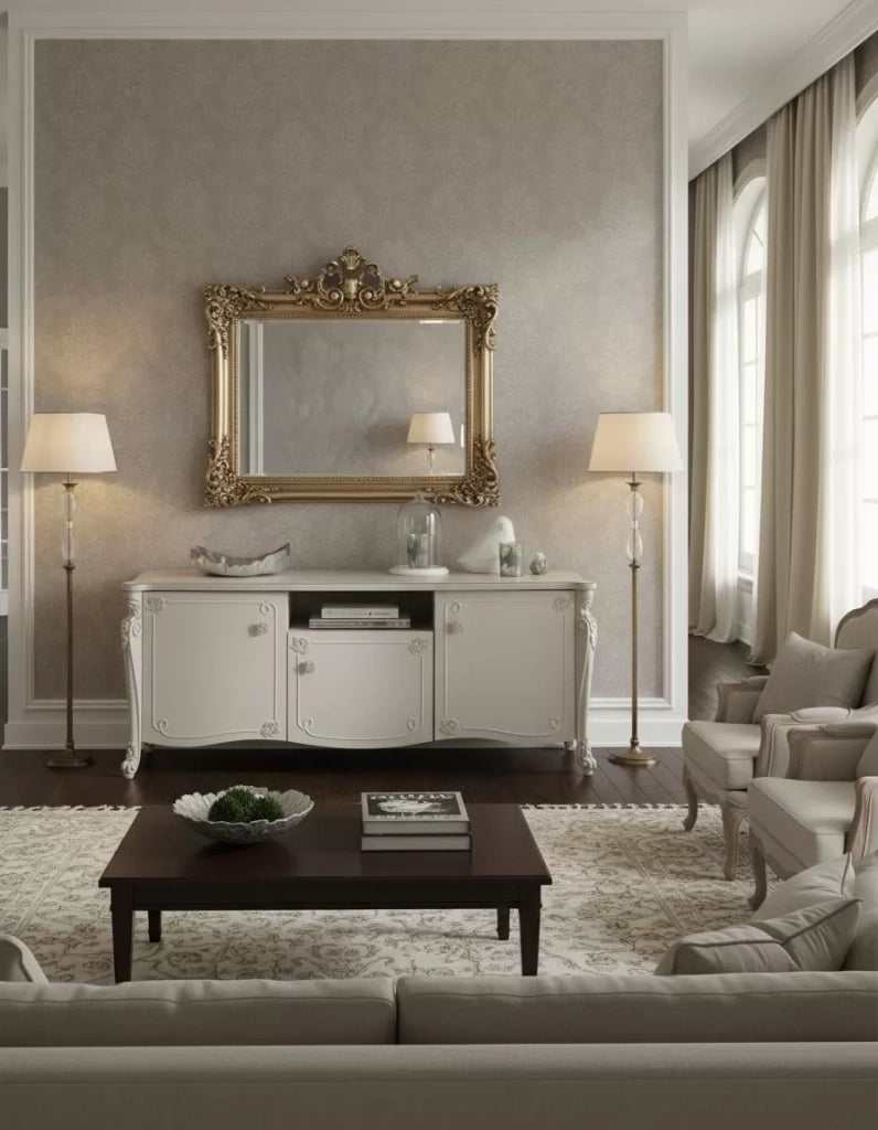 Porta tv in legno 3 ante shabby chic rilievo bianco opaco 172x57x69 - Mobili 2G