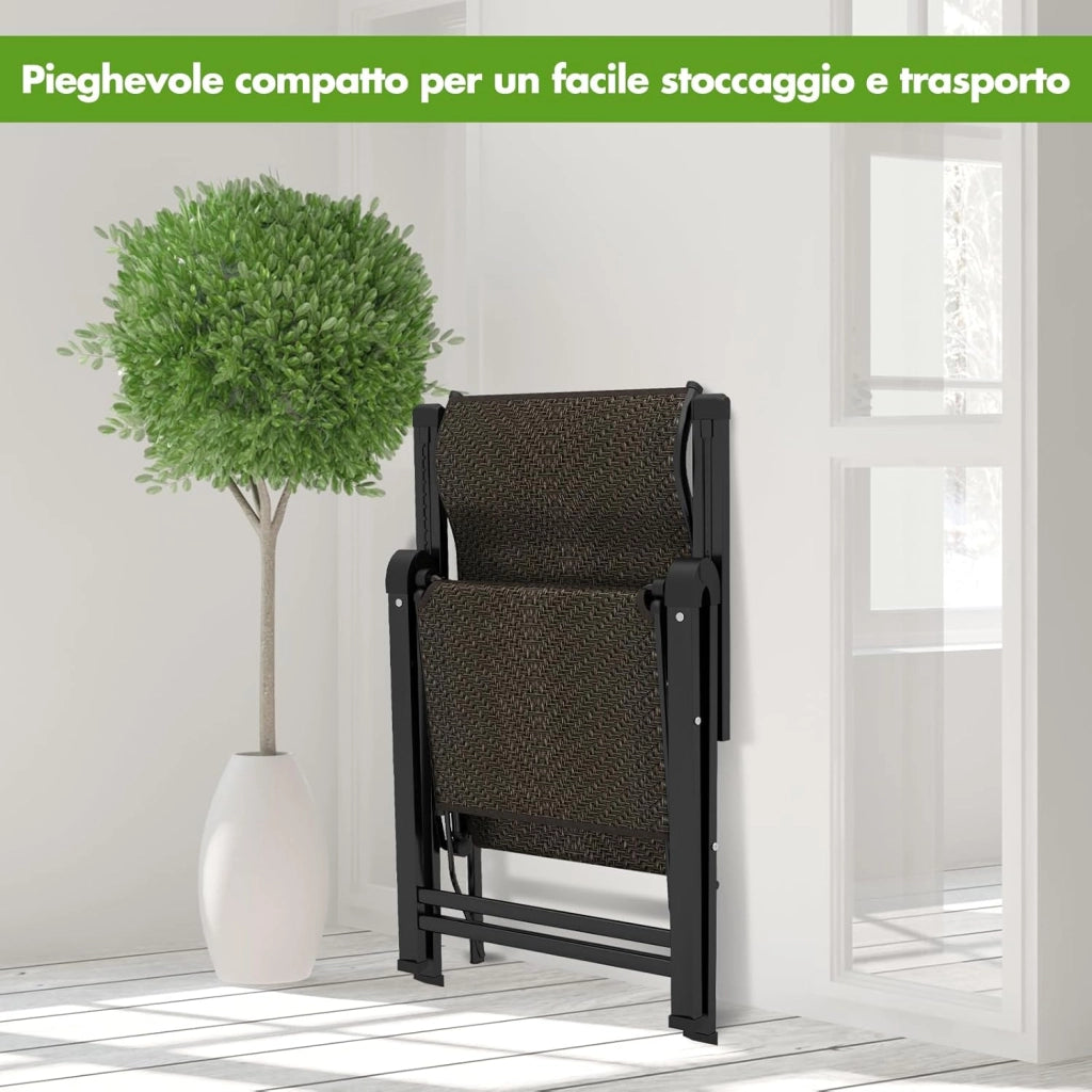 Sedie Pieghevoli e Reclinabili in Rattan, Chaise Longue Portatile con Schienale Regolabile, Sedia a Sdraio da Esterno con Braccioli Ampi, Struttura in Acciaio, per Interno ed Esterno (2)