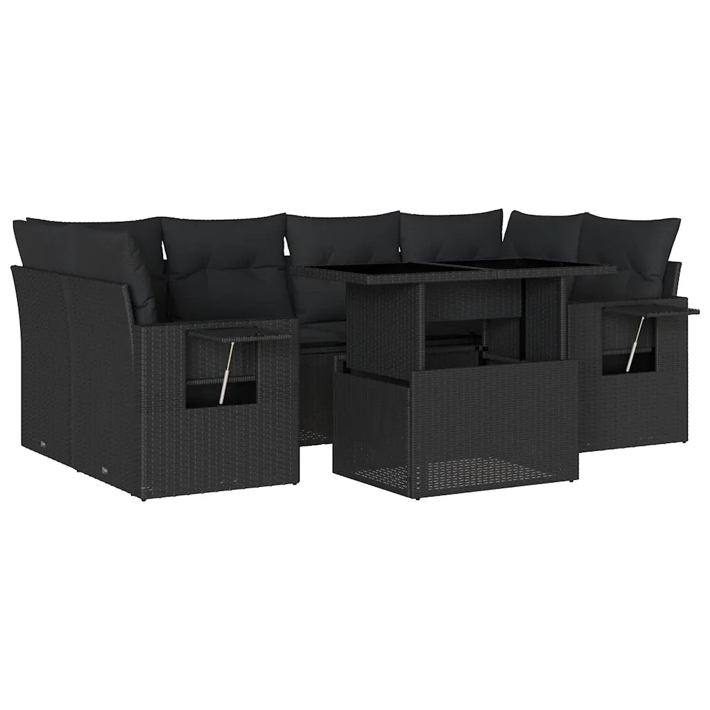 Set Divani da Giardino con Cuscini 7pz Nero Polyrattan