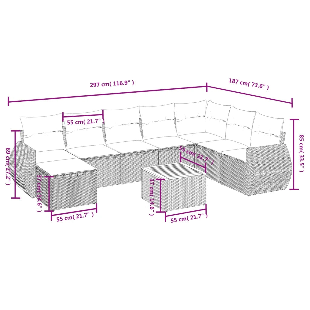 Set Divano da Giardino 9 pz con Cuscini Beige Misto Polyrattan 3265098