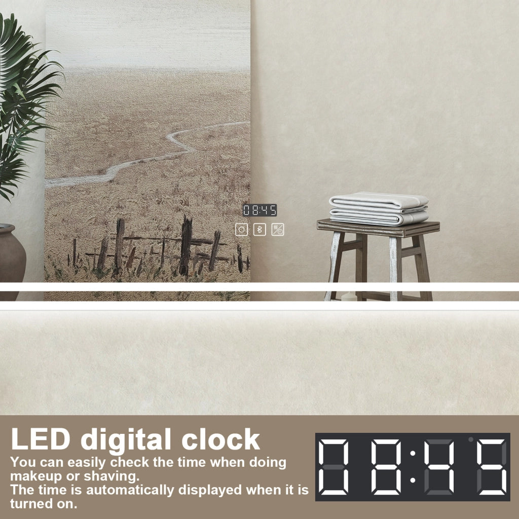 Specchio bagno Rettangolare 100x60cm Led Con 3 Luci Bluetooth + Orologio + Antiappannamento