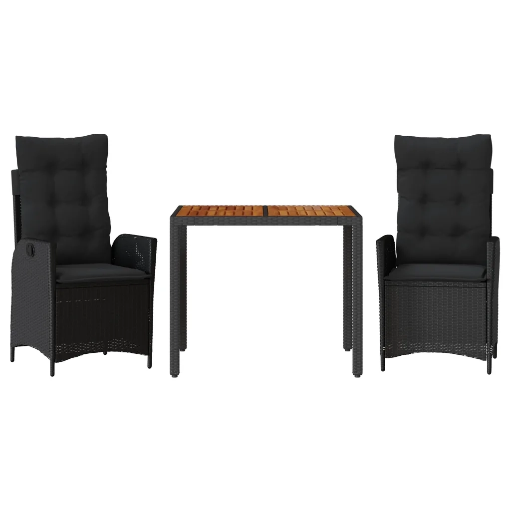 Set da Pranzo da Giardino 3 pz con Cuscini Nero in Polyrattan