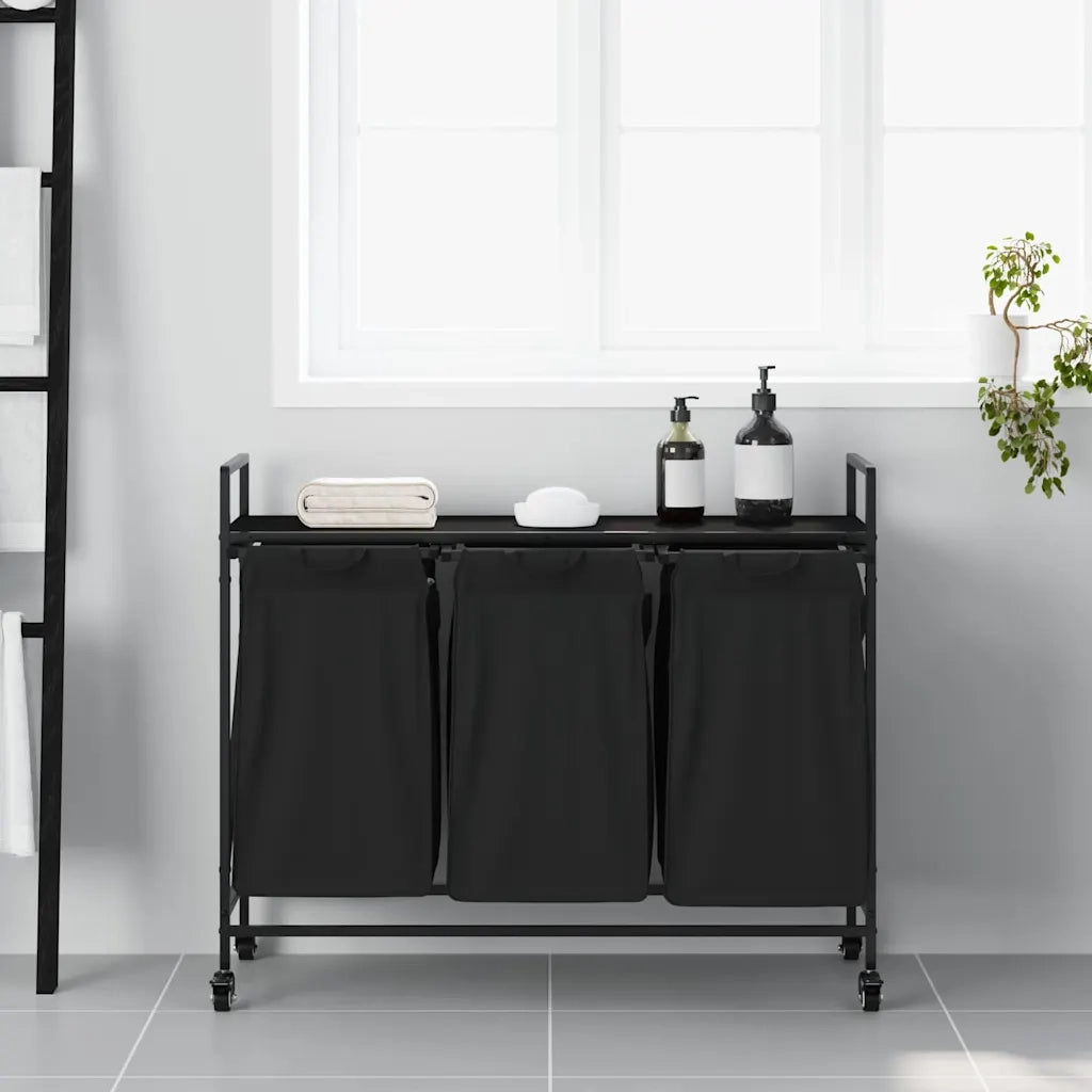 Cesto della Biancheria 3 Scomparti con Ruote Rovere Nero 859090