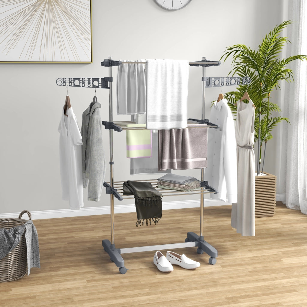 Stendino Verticale 3 Ripiani Regolabili ¨C Minimal ¨C Grigio Argento Acciaio Plastica 142x55x152 cm