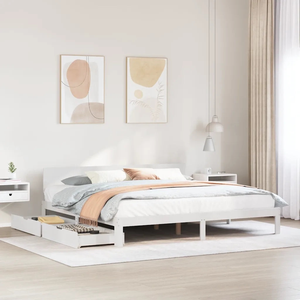 Letto matrimoniale | Letto per adulti | Giroletto con Cassetti Bianco 200x200 cm Legno Massello di Pino