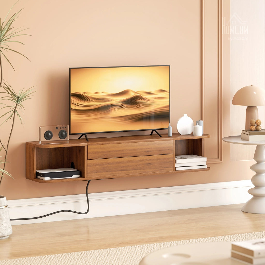 Mobile TV Sospeso con Cassetto, Ripiani e Prese ¨C zephmum ¨C Noce, 120x24x22.4 cm