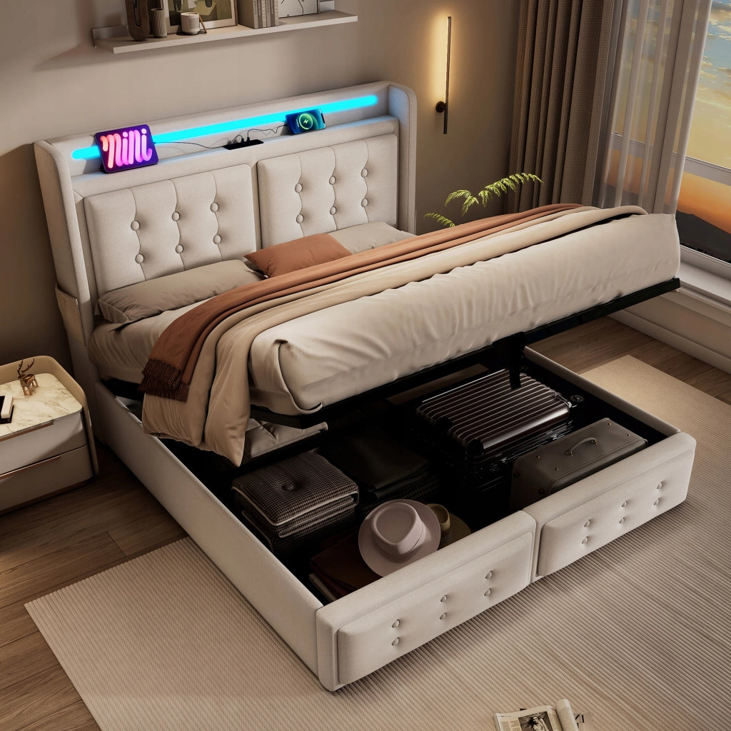 Letto imbottito 160x200 - Xylo - Beige con funzione di ricarica USB-C