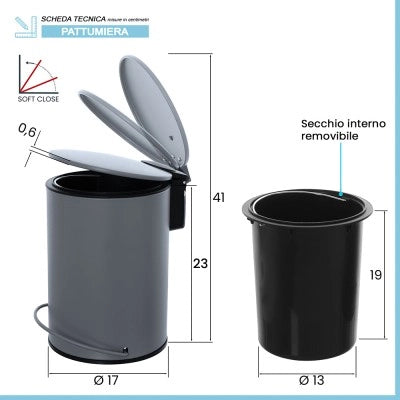 Pattumiera in acciaio 3 litri grigio soft-close con secchio estraibile Spring