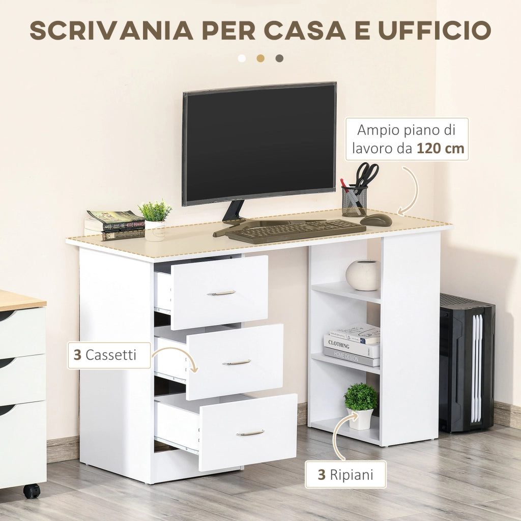 Scrivania per computer con cassetti e ripiani ¨C Xylo ¨C legno bianco 120x49x72cm
