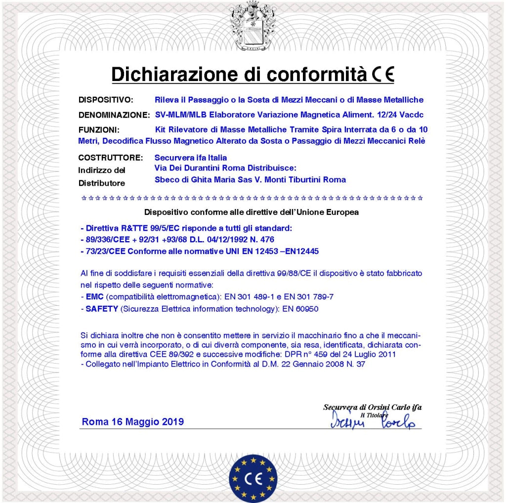 Rileva Passaggio o Sosta Veicolo Spira Magnetica Interrata 10 Metri Alimentazione 12/24 Vacdc Utile Comando Automatismo Barra Semaforo Sicurezza Controllo Accessi