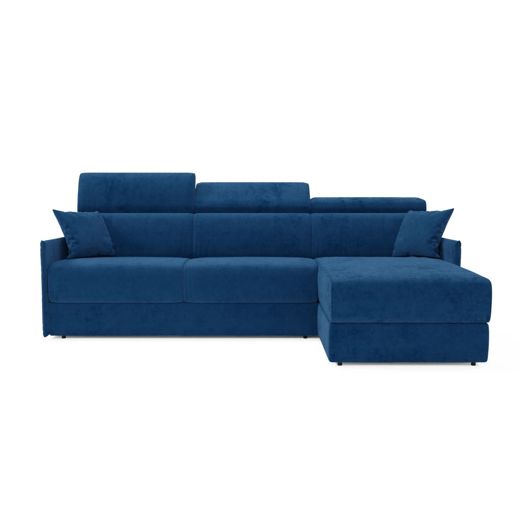 Miryam divano letto angolare compatto - poggiatesta reclinabili e penisola contenitore in tessuto smacchiabile T31 232 cm sinistro blu