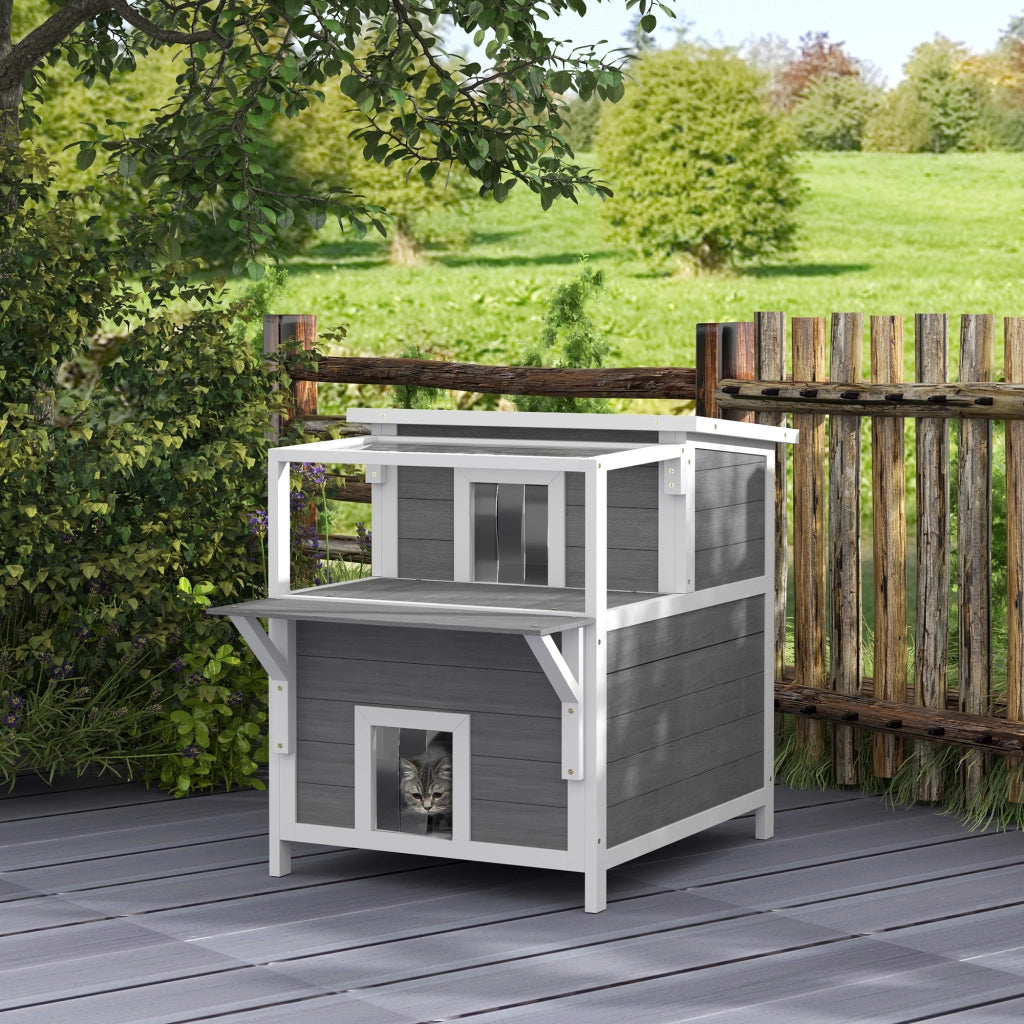 Casetta per gatti 2 livelli con balcone ¨C Xylo ¨C grigio chiaro