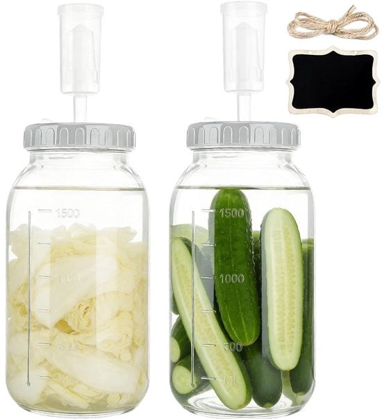 Set di due recipienti in vetro per fermentazione 2 litri, con valvola di scarico e coperchio a vite, sicuri per l'alimentazione