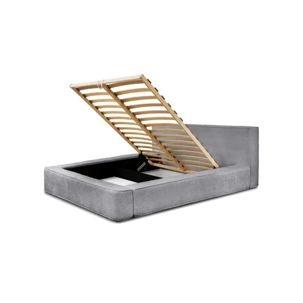 Letto contenitore VELORA – Grigio perla bouclé – 160x200 cm – Tessuto velluto morbido – Rete sollevabile – Spazio di stoccaggio integrato