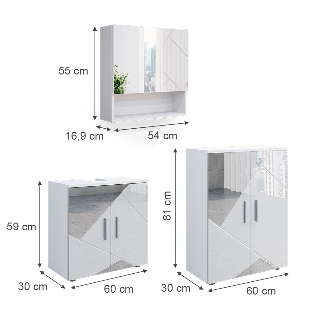 Vicco Set mobili bagno Bianco lucido con inserti 3 pezzi, con base 60 cm