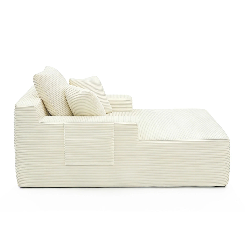 Sofa compatto in corduroy beige con tasche laterali e cuscini inclusi