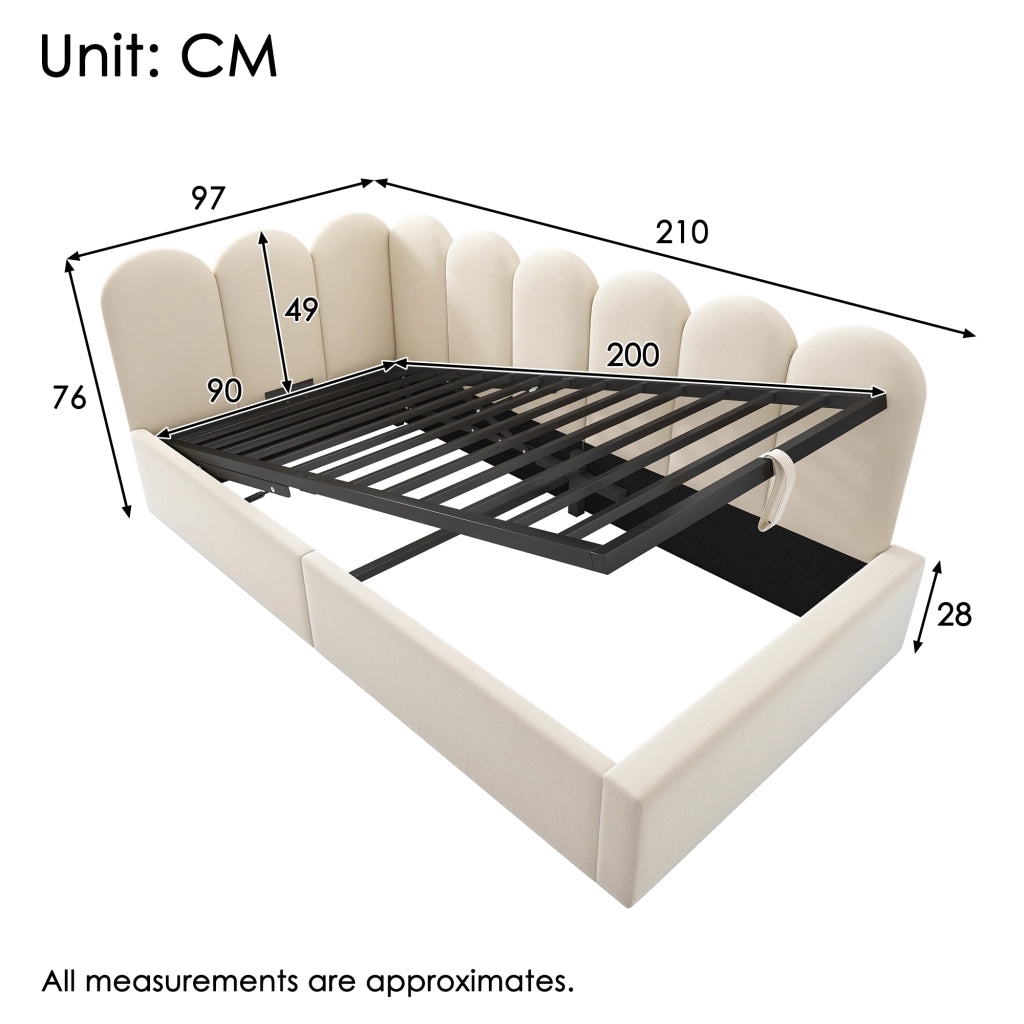 LETTO Contenitore 90x200 cm Velluto Beige con rete a sollevamento idraulica