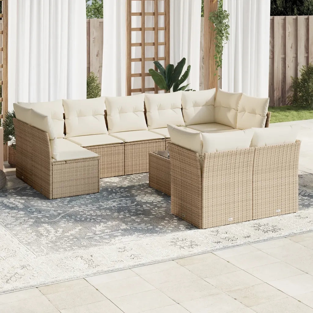Set Divano da Giardino 10 pz con Cuscini Beige in Polyrattan