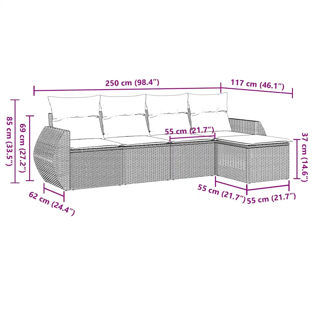 Set Divano da Giardino 5pz con Cuscini Grigio Chiaro Polyrattan
