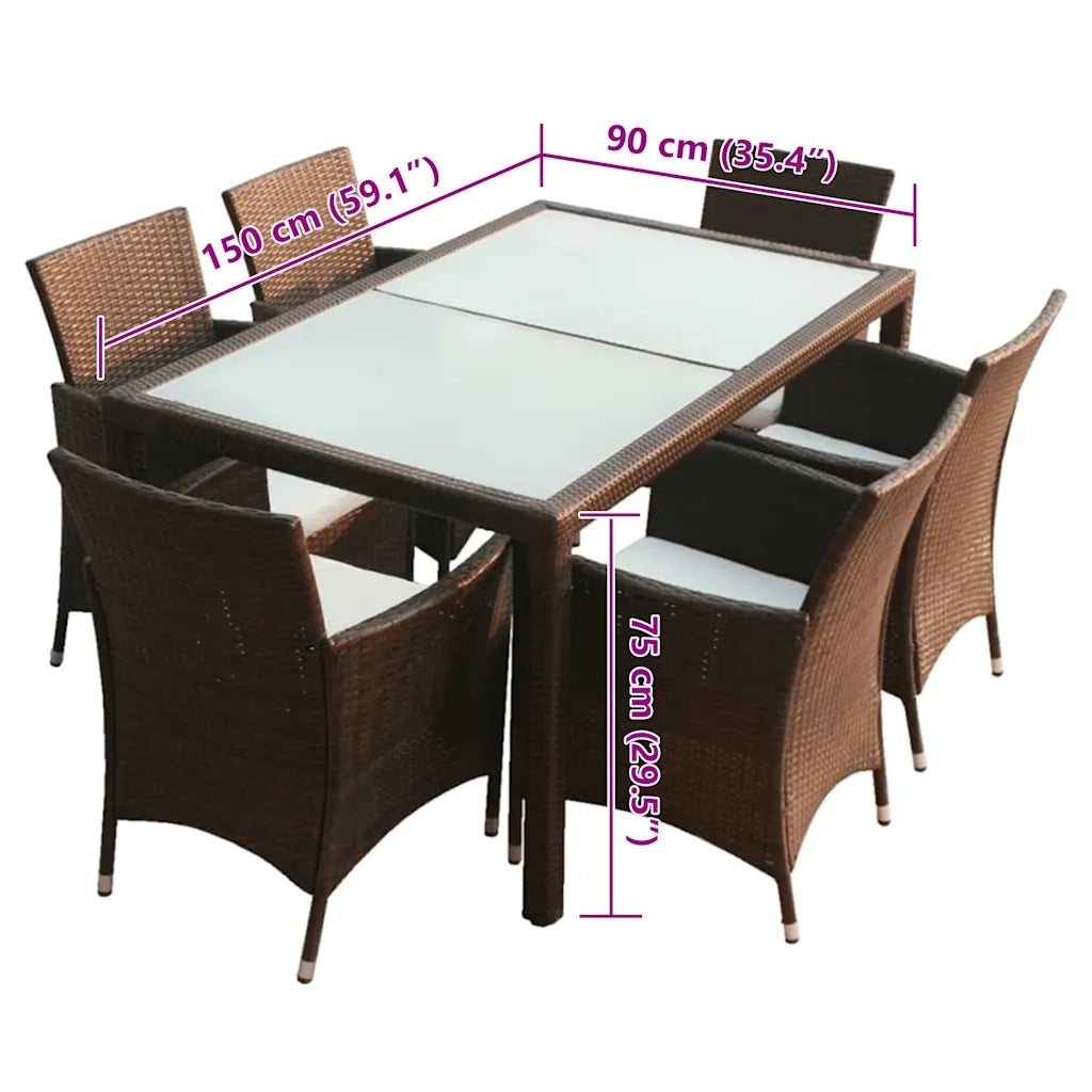 Set da Pranzo da Giardino 7 pz con Cuscini Polyrattan Marrone 43119